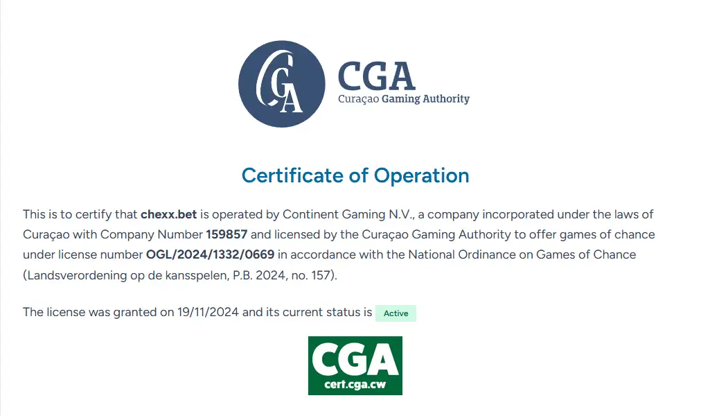 Certificado da Curaçao Gaming Authority associado à Continent Gaming N.V. e à CHEXX