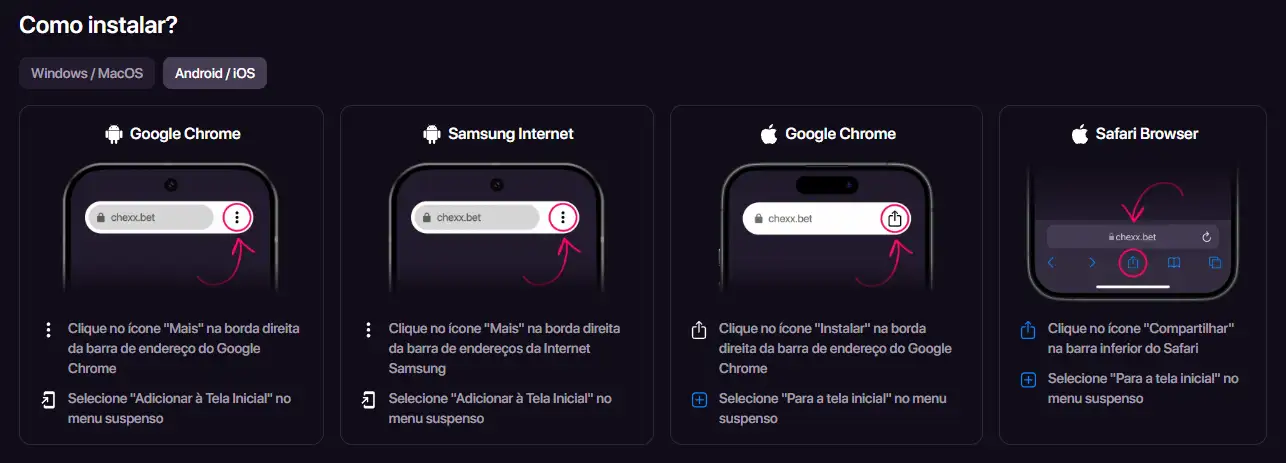 Página de instalação PWA da CHEXX em um dispositivo móvel