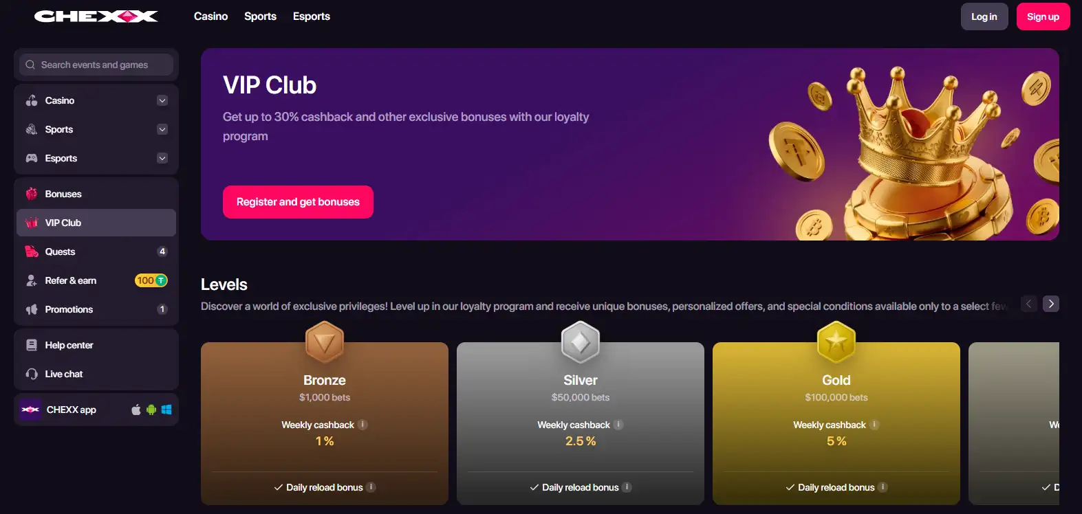 Clube VIP da CHEXX com níveis de cashback semanal