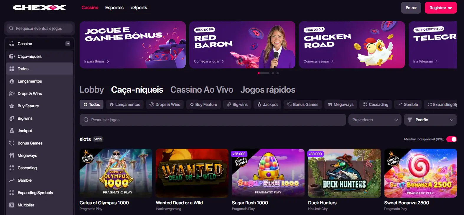 Grade de slots da CHEXX com títulos e provedores