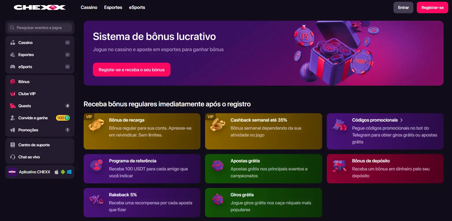 Área de bônus da CHEXX com ofertas de depósito e giros grátis