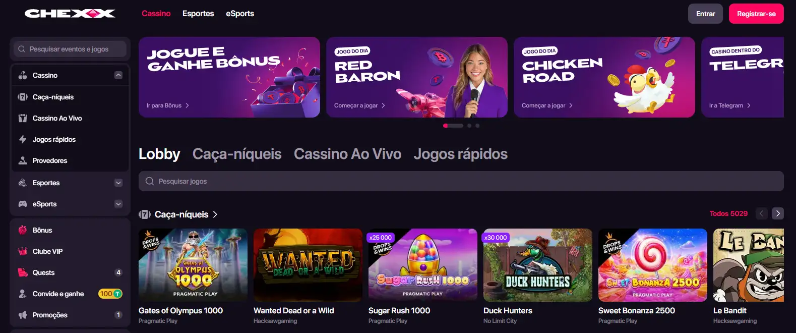Lobby da CHEXX com categorias de jogos e provedores